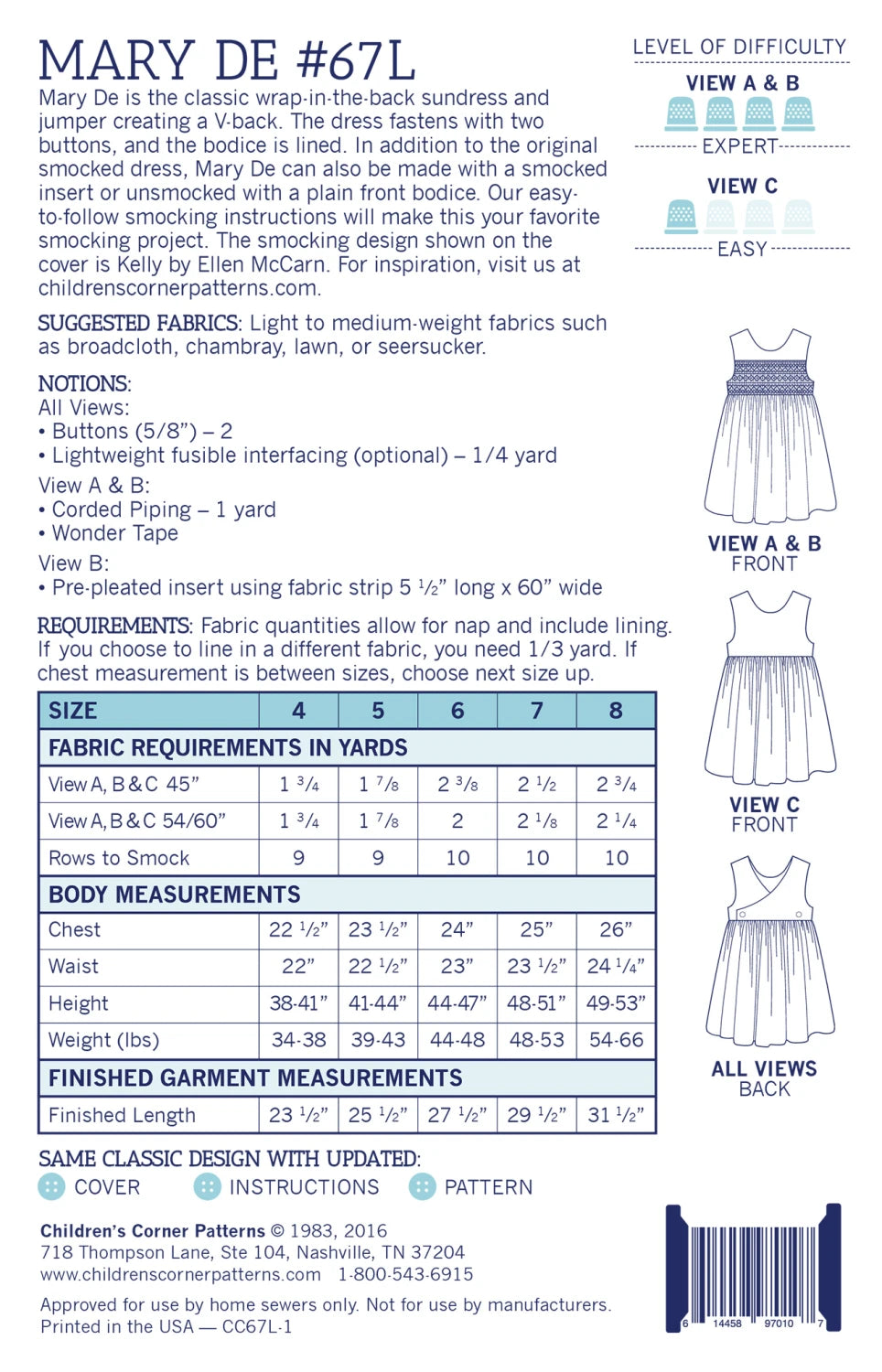Mary De 4 to 8 year Dress Pattern