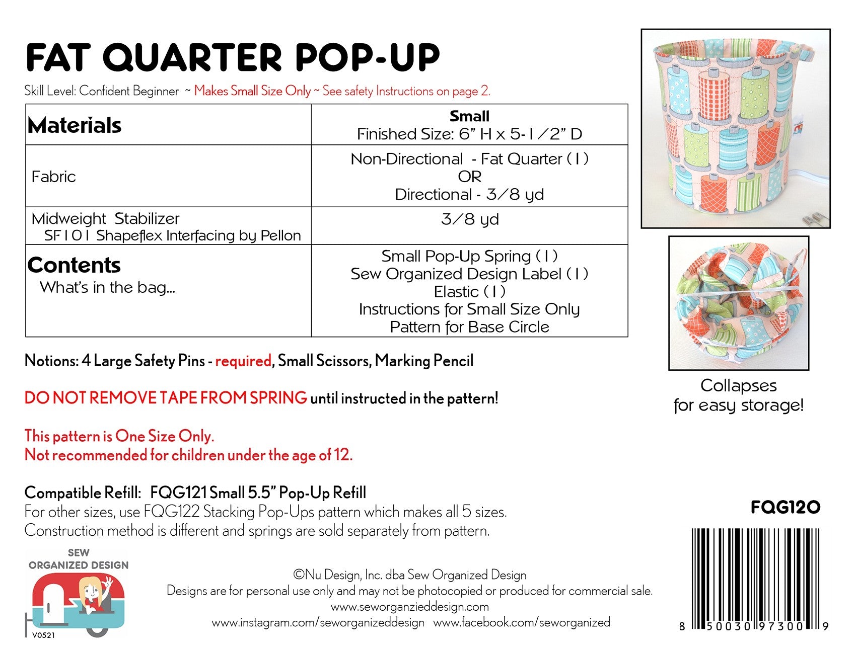 Sew Organized Designs - Fat Quarter Pop Up Pattern