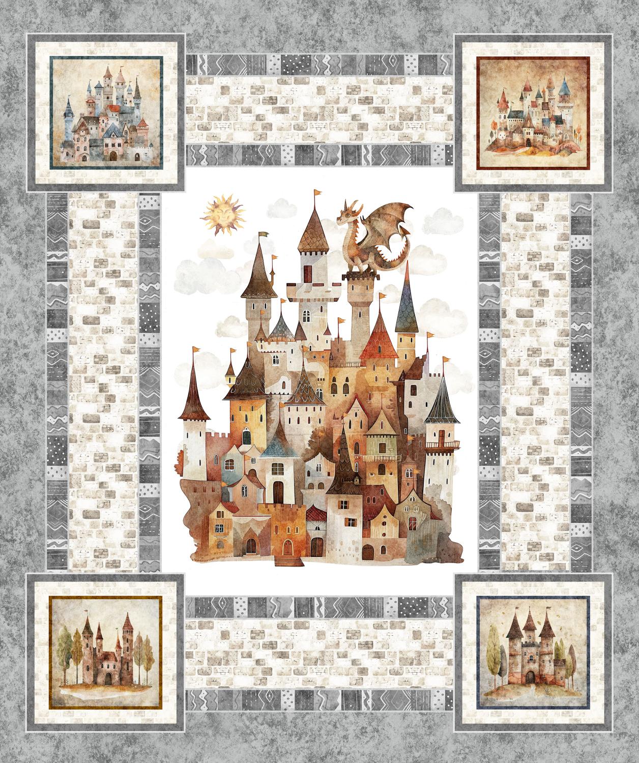 Dragon Dreams Gray Castle and Baby Dragon Panel 31146 K